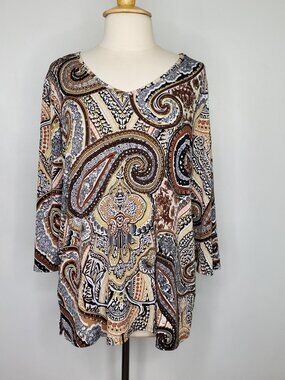 Susan Graver Paisley V-Neck 3/4 Sleeve Top Size L